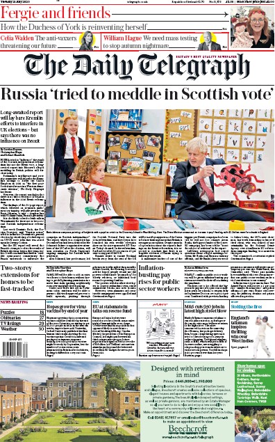 The Daily Telegraph Newspaper Front Page (UK) for 21 July 2020