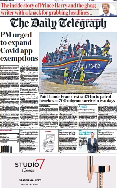 The Daily Telegraph Newspaper Front Page (UK) for 21 July 2021