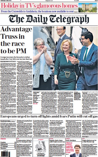 The Daily Telegraph Newspaper Front Page (UK) for 21 July 2022