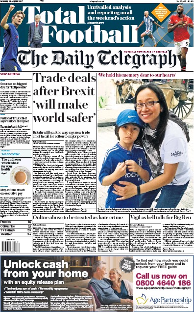 The Daily Telegraph Newspaper Front Page (UK) for 21 August 2017