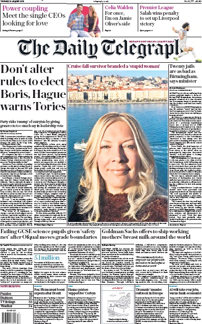 The Daily Telegraph Newspaper Front Page (UK) for 21 August 2018