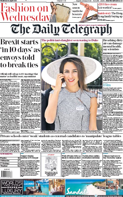 The Daily Telegraph Newspaper Front Page (UK) for 21 August 2019