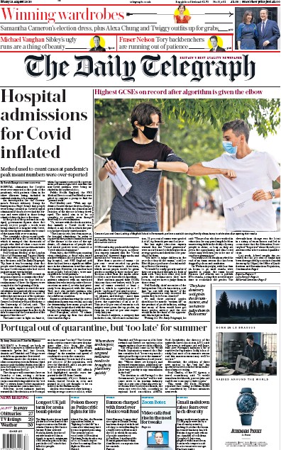 The Daily Telegraph Newspaper Front Page (UK) for 21 August 2020