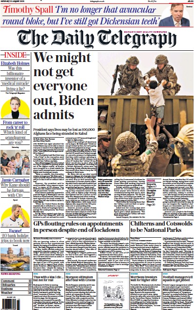 The Daily Telegraph Newspaper Front Page (UK) for 21 August 2021