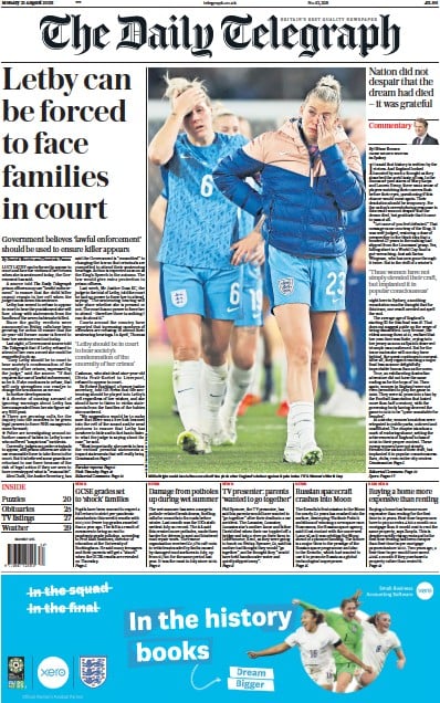 The Daily Telegraph Newspaper Front Page (UK) for 21 August 2023