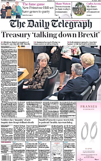 The Daily Telegraph Newspaper Front Page (UK) for 21 September 2017