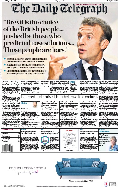 The Daily Telegraph Newspaper Front Page (UK) for 21 September 2018