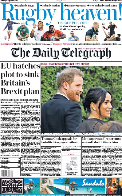 The Daily Telegraph Newspaper Front Page (UK) for 21 September 2019