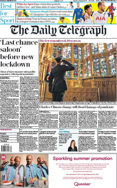The Daily Telegraph Newspaper Front Page (UK) for 21 September 2020