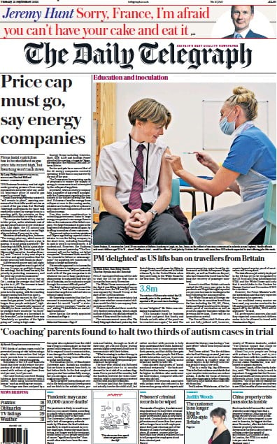 The Daily Telegraph Newspaper Front Page (UK) for 21 September 2021