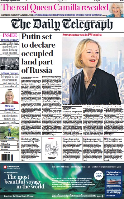 The Daily Telegraph Newspaper Front Page (UK) for 21 September 2022