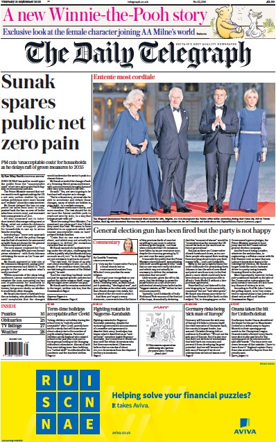 The Daily Telegraph Newspaper Front Page (UK) for 21 September 2023