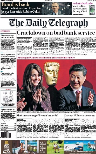 The Daily Telegraph Newspaper Front Page (UK) for 22 October 2015