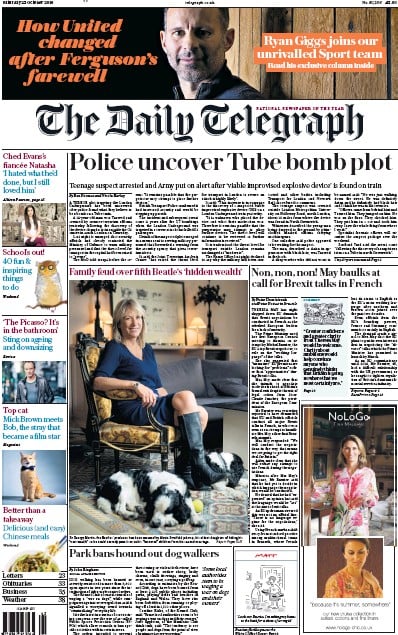 The Daily Telegraph Newspaper Front Page (UK) for 22 October 2016