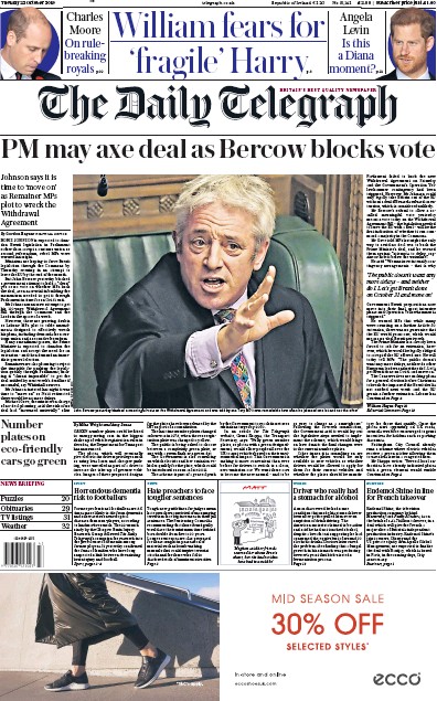 The Daily Telegraph Newspaper Front Page (UK) for 22 October 2019