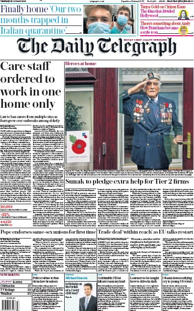The Daily Telegraph Newspaper Front Page (UK) for 22 October 2020