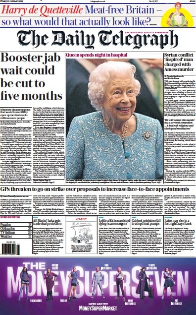 The Daily Telegraph Newspaper Front Page (UK) for 22 October 2021