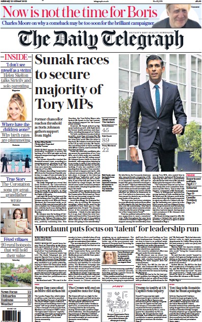The Daily Telegraph Newspaper Front Page (UK) for 22 October 2022
