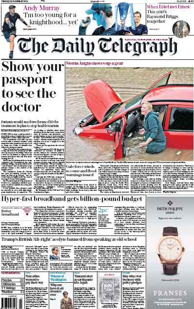 The Daily Telegraph Newspaper Front Page (UK) for 22 November 2016