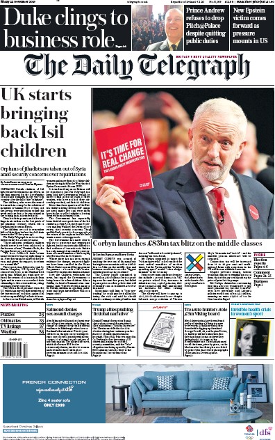 The Daily Telegraph Newspaper Front Page (UK) for 22 November 2019