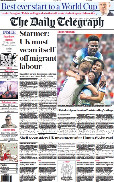 The Daily Telegraph Newspaper Front Page (UK) for 22 November 2022