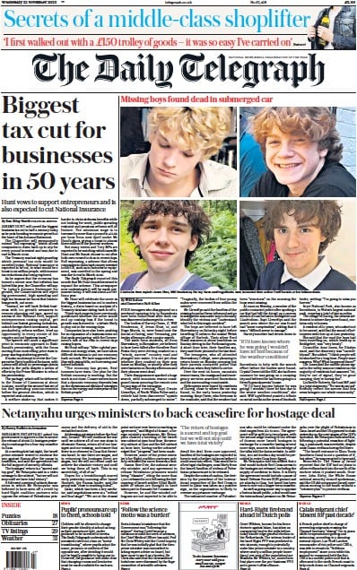 The Daily Telegraph Newspaper Front Page (UK) for 22 November 2023