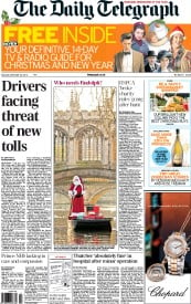 The Daily Telegraph Newspaper Front Page (UK) for 22 December 2012
