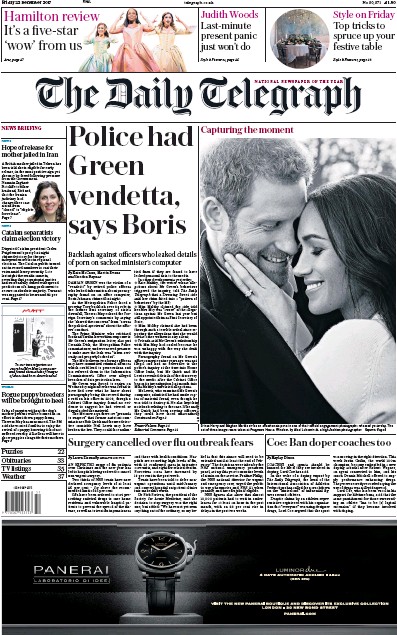The Daily Telegraph Newspaper Front Page (UK) for 22 December 2017