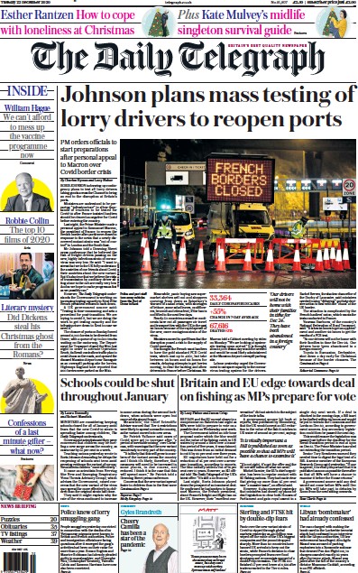 The Daily Telegraph Newspaper Front Page (UK) for 22 December 2020