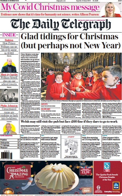 The Daily Telegraph Newspaper Front Page (UK) for 22 December 2021
