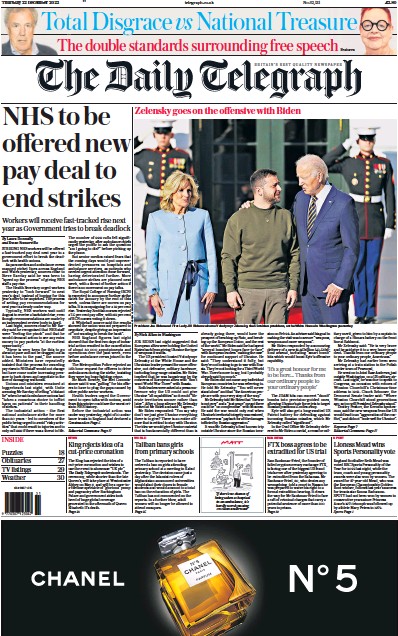 The Daily Telegraph Newspaper Front Page (UK) for 22 December 2022