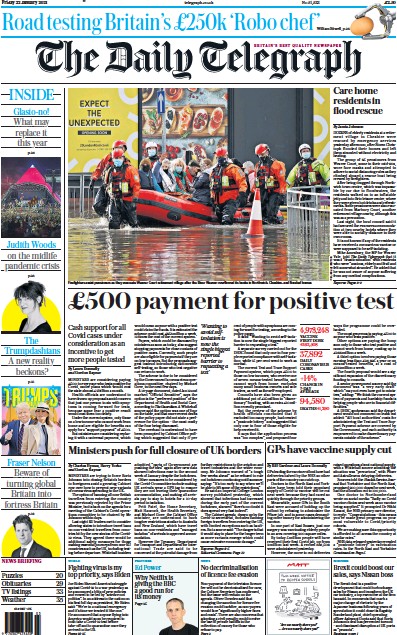 The Daily Telegraph Newspaper Front Page (UK) for 22 January 2021