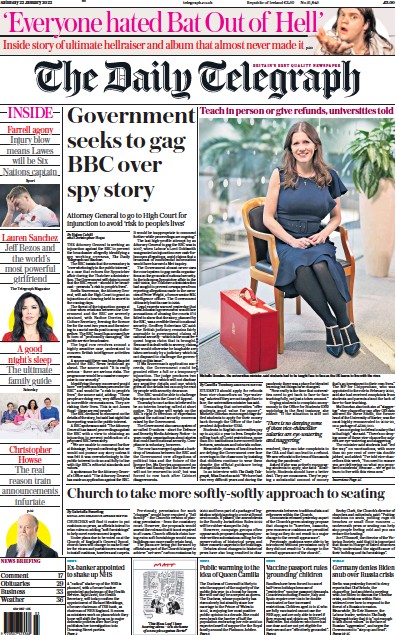 The Daily Telegraph Newspaper Front Page (UK) for 22 January 2022