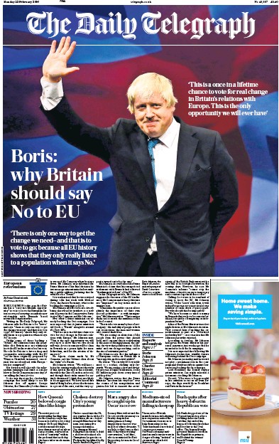 The Daily Telegraph Newspaper Front Page (UK) for 22 February 2016