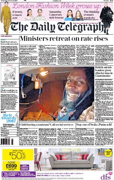 The Daily Telegraph Newspaper Front Page (UK) for 22 February 2017