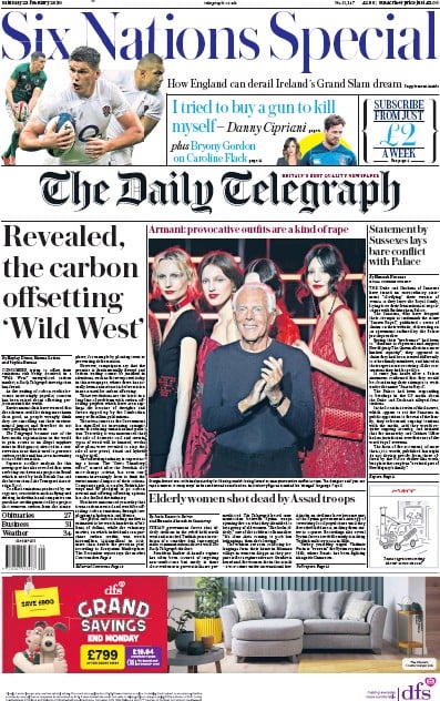 The Daily Telegraph Newspaper Front Page (UK) for 22 February 2020