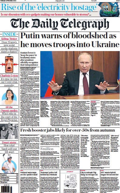 The Daily Telegraph Newspaper Front Page (UK) for 22 February 2022