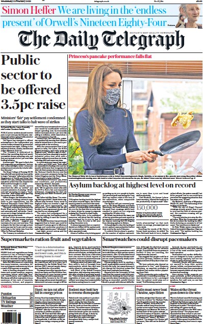 The Daily Telegraph Newspaper Front Page (UK) for 22 February 2023