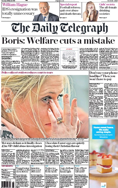 The Daily Telegraph Newspaper Front Page (UK) for 22 March 2016