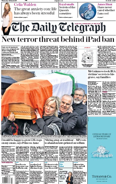 The Daily Telegraph Newspaper Front Page (UK) for 22 March 2017