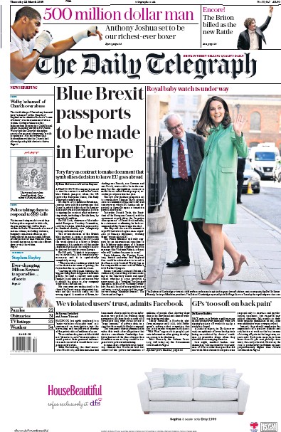 The Daily Telegraph Newspaper Front Page (UK) for 22 March 2018