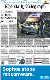 The Daily Telegraph (UK) Newspaper Front Page for 22 March 2021