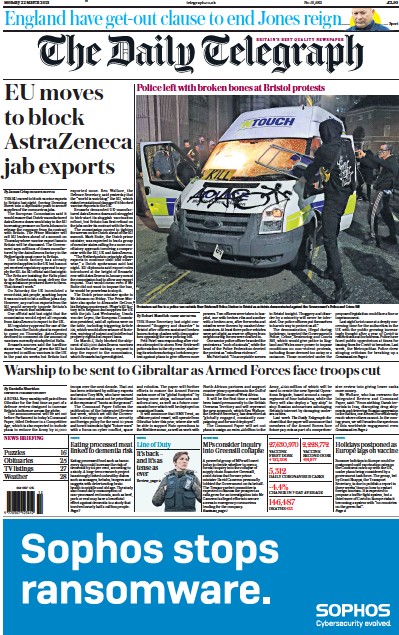 The Daily Telegraph Newspaper Front Page (UK) for 22 March 2021