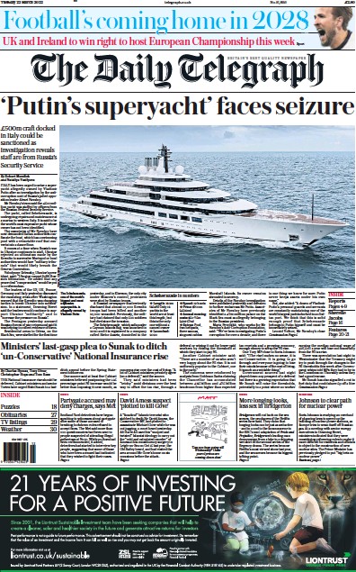 The Daily Telegraph Newspaper Front Page (UK) for 22 March 2022