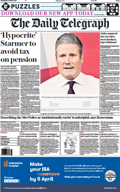 The Daily Telegraph Newspaper Front Page (UK) for 22 March 2023