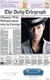 The Daily Telegraph (UK) Newspaper Front Page for 22 April 2016