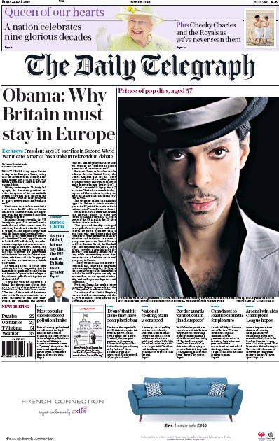 The Daily Telegraph Newspaper Front Page (UK) for 22 April 2016