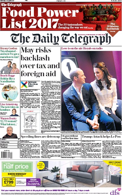 The Daily Telegraph Newspaper Front Page (UK) for 22 April 2017