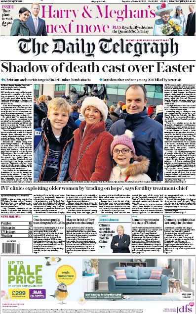 The Daily Telegraph Newspaper Front Page (UK) for 22 April 2019