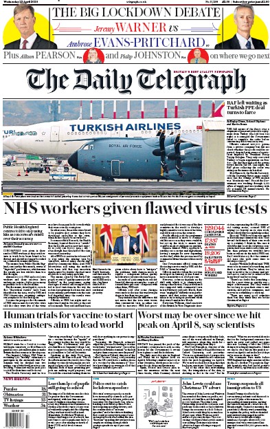 The Daily Telegraph Newspaper Front Page (UK) for 22 April 2020